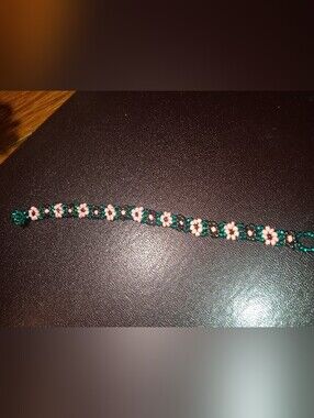Handmade Pink Flower Beaded Bracelet with Green Accents